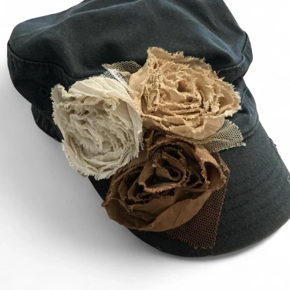 Olive & Pique Cadet Hat Womens OS Black Distressed Floral Rosette Cap
